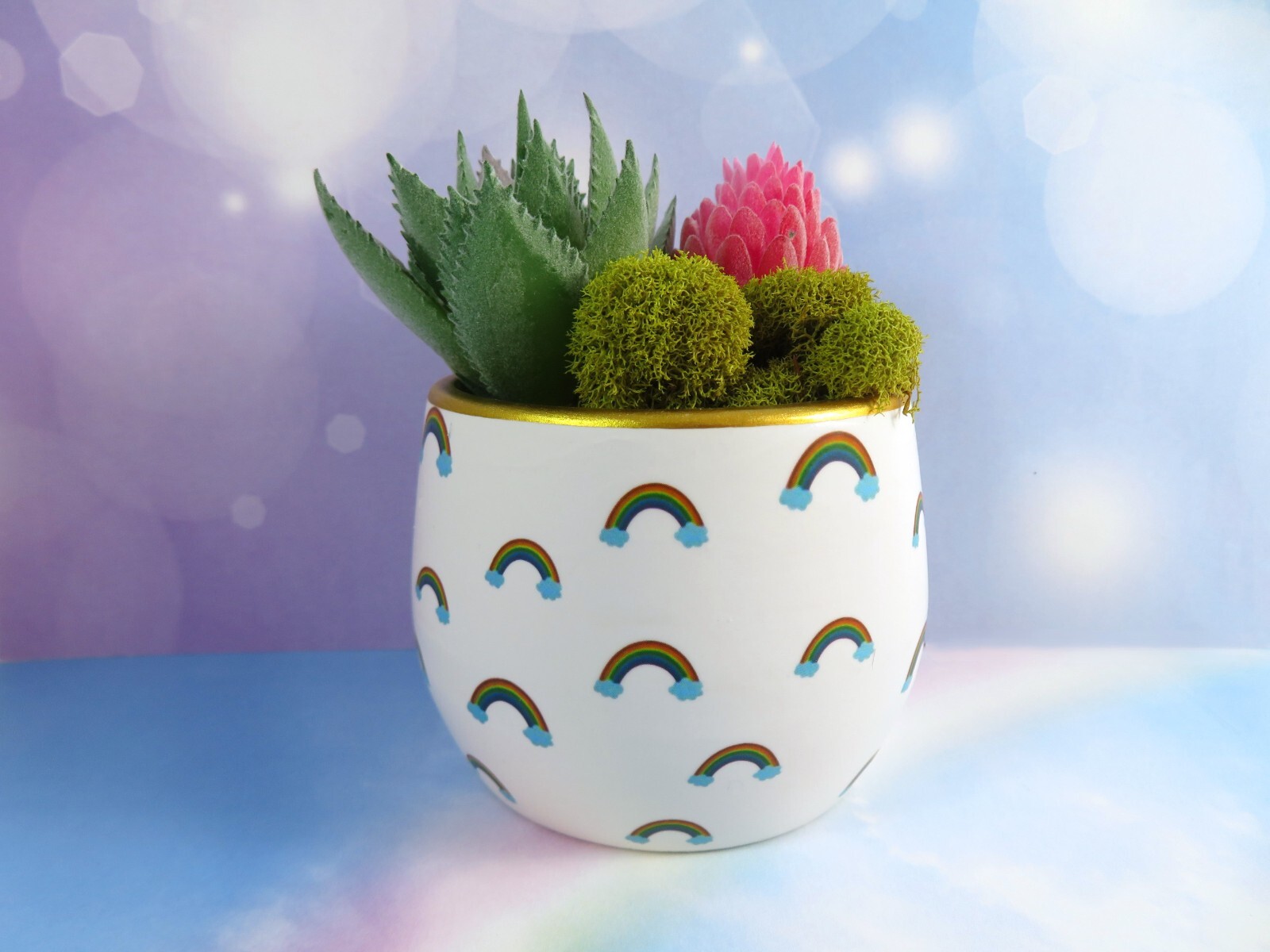 Mini Rainbows Ceramic Planter With Artificial Succulents 2.5 Inch Gold Rim New