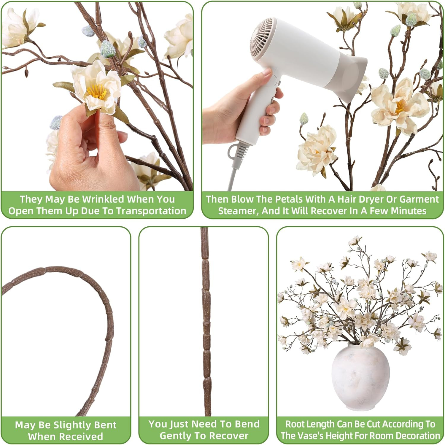 3PCS Artificial Magnolia Flowers Stems for Spring Decoration, Faux Champagne Mag