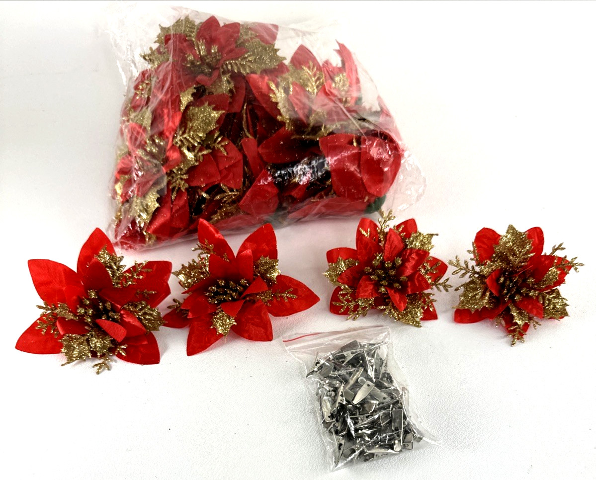 36 Christmas Poinsettia Red Gold-Tone Fabric Flowers & Add On Clips 2″-5″