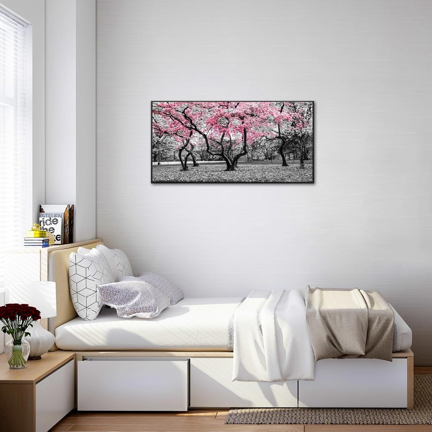 Cherry Blossom Trees Canvas Art with Black Floater Frame – NYC Park Decor
