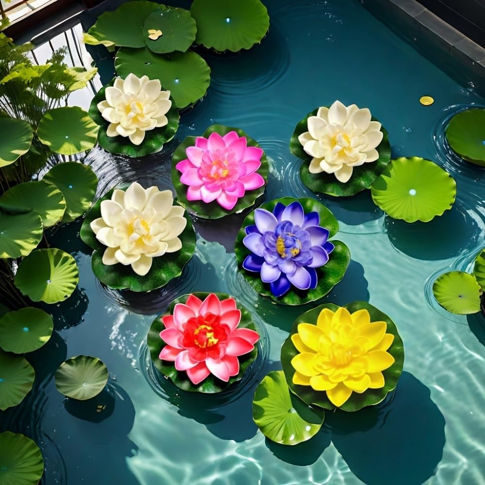 6 Pcs Artificial Floating Foam Lotus Flower with Water Lily Pad, Floating Art…