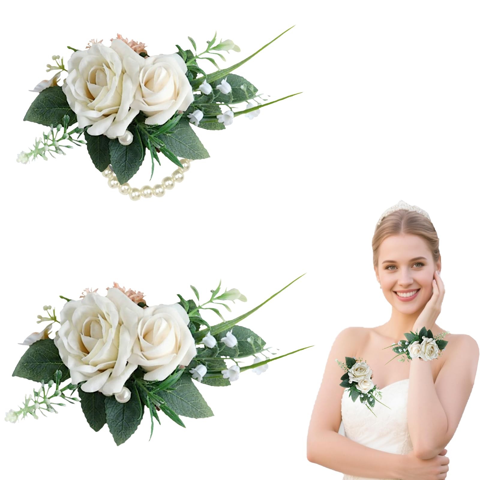 Ivory Corsage and Boutonniere Set for Bride Groom, Artificial Rose Flower Wri…