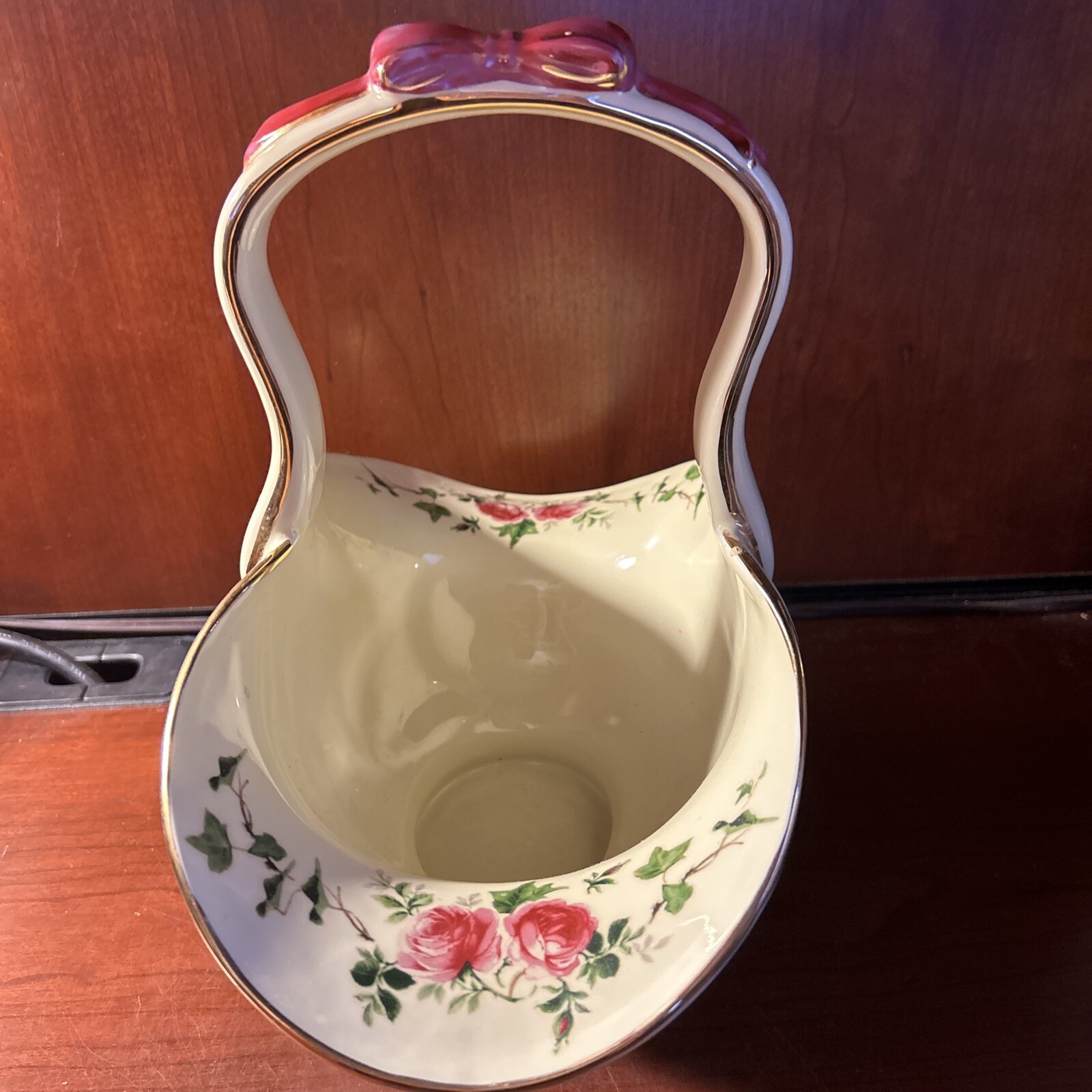 Beautiful Floral Pink Rose And Gold Trimmed Porcelain Basket 11” X 11”