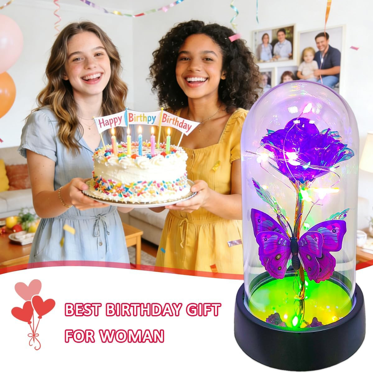 JUNQIU Mothers Day Rose Gifts for Mom, Glass Rose in Glass Dome, Light up Flower