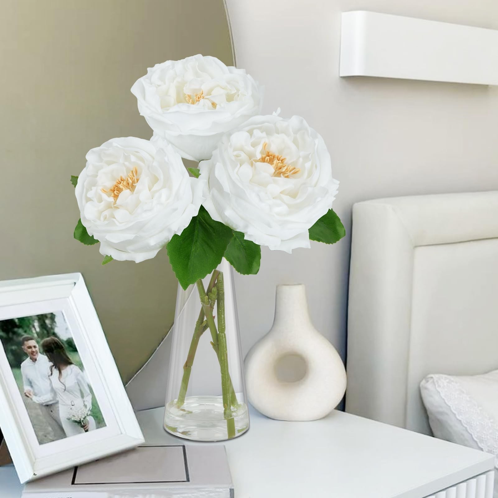 White Peonies Artificial Flowers Vase Faux Water Silk Table Centerpiece Decor