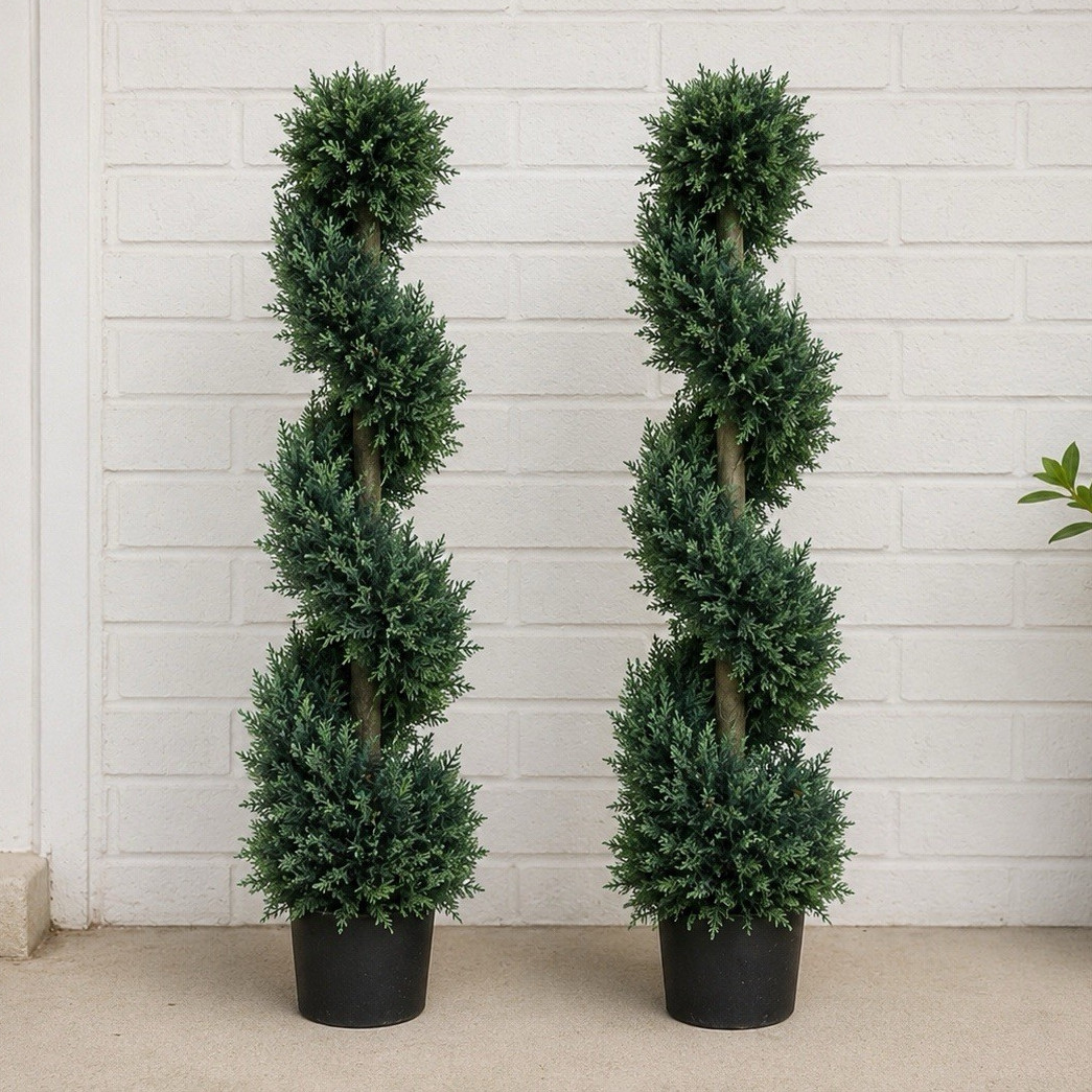 Set of 2 Artificial Green Boxwood Spiral Topiary Trees in Black Pots