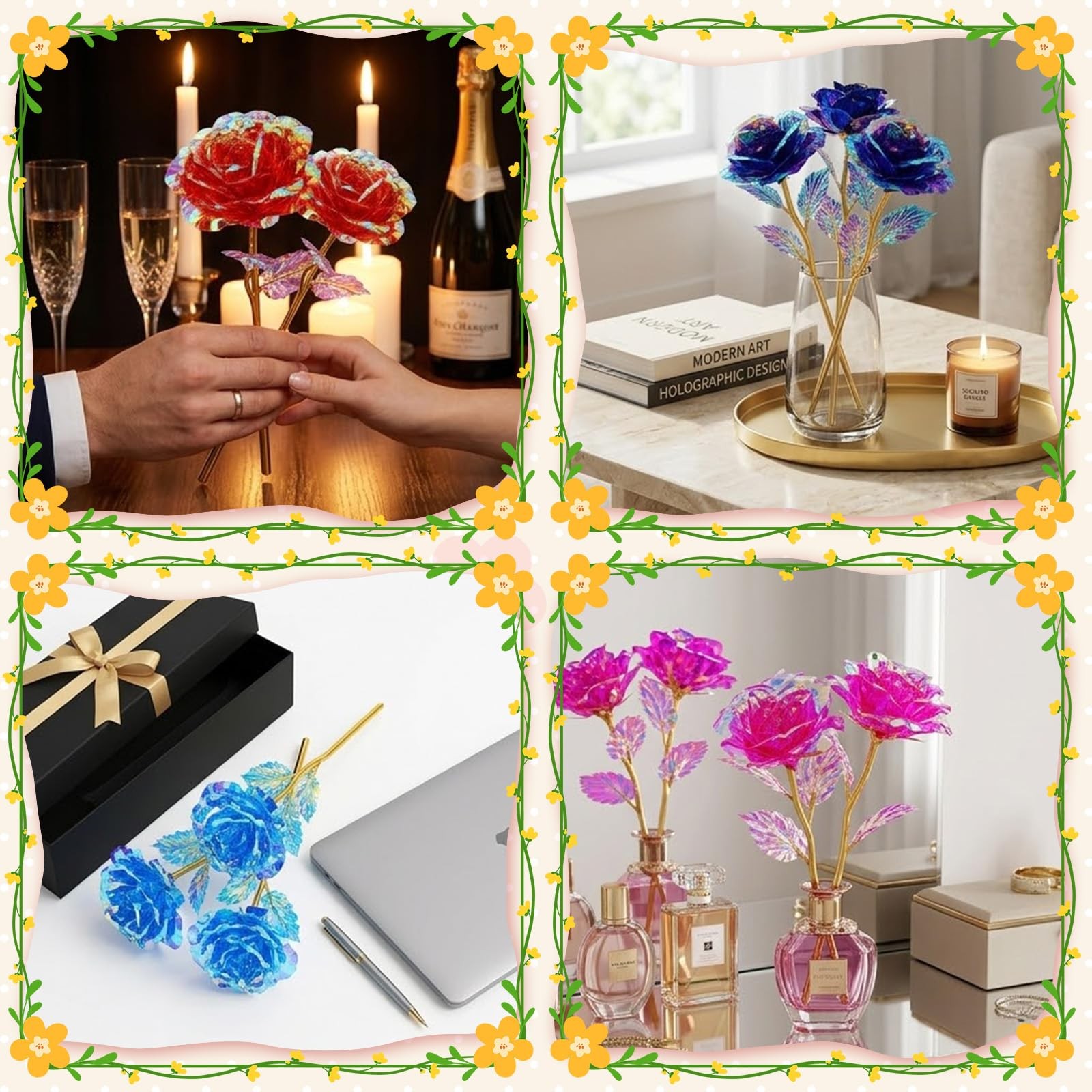 Wowagoga 12 Pcs 24K Galaxy Rose Artificial Flowers, 4 Colors 9 x 3 inches, 1