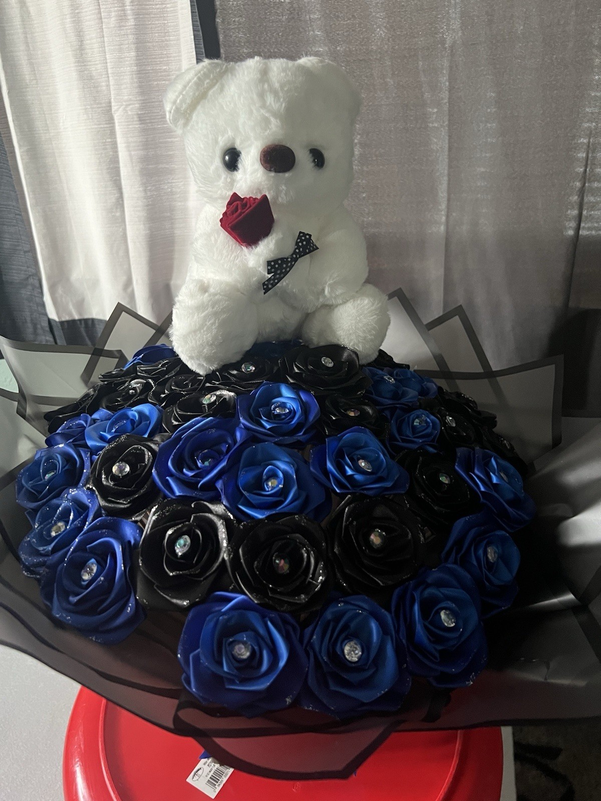 Artificial Blue and Black Rose Flower Bouquet with Plush Teddy Bear Arrangement