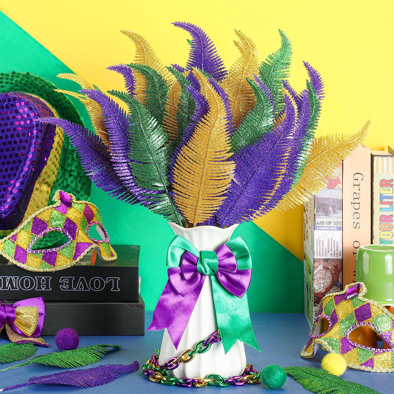 48 Pcs Mardi Gras Glitter Leaves Feather 13.4” Faux Sparkly Feather Leaves M…