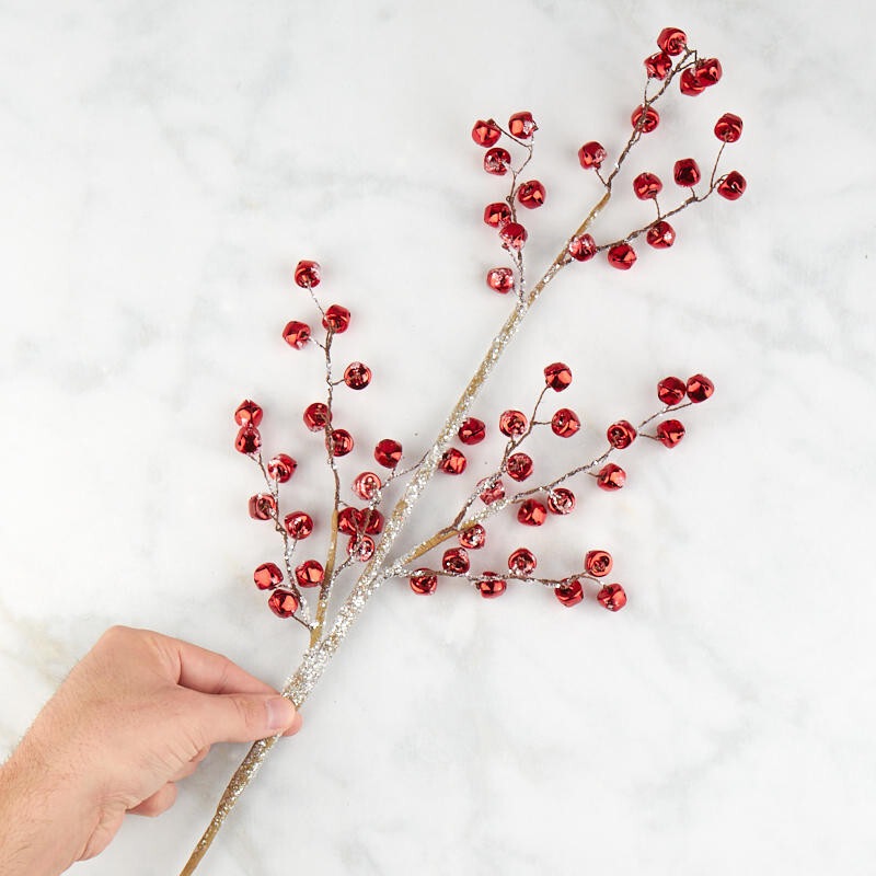 Mini Metallic Red Jingle Bells on Twig Spray | for Indoor Decor
