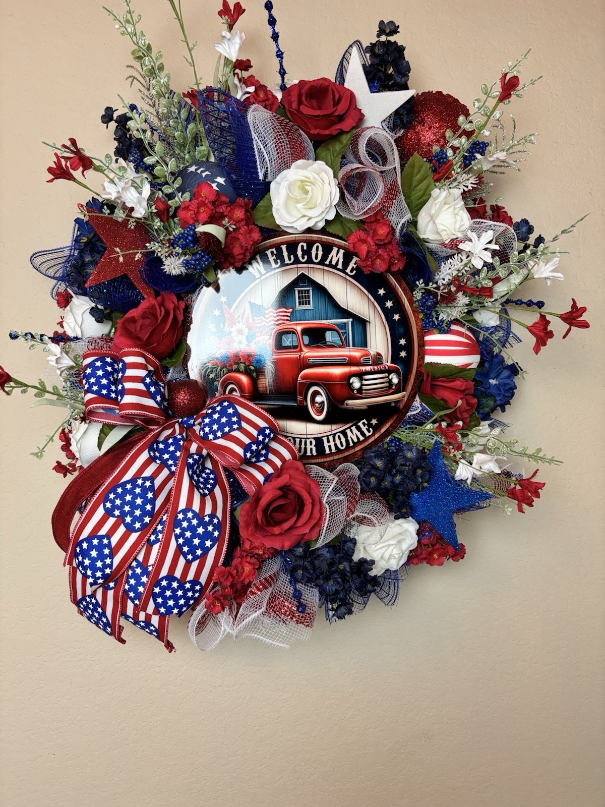 Patriotic Wreath 4th Of July Door Decor Red White Blue Truck Welcome To Our Home