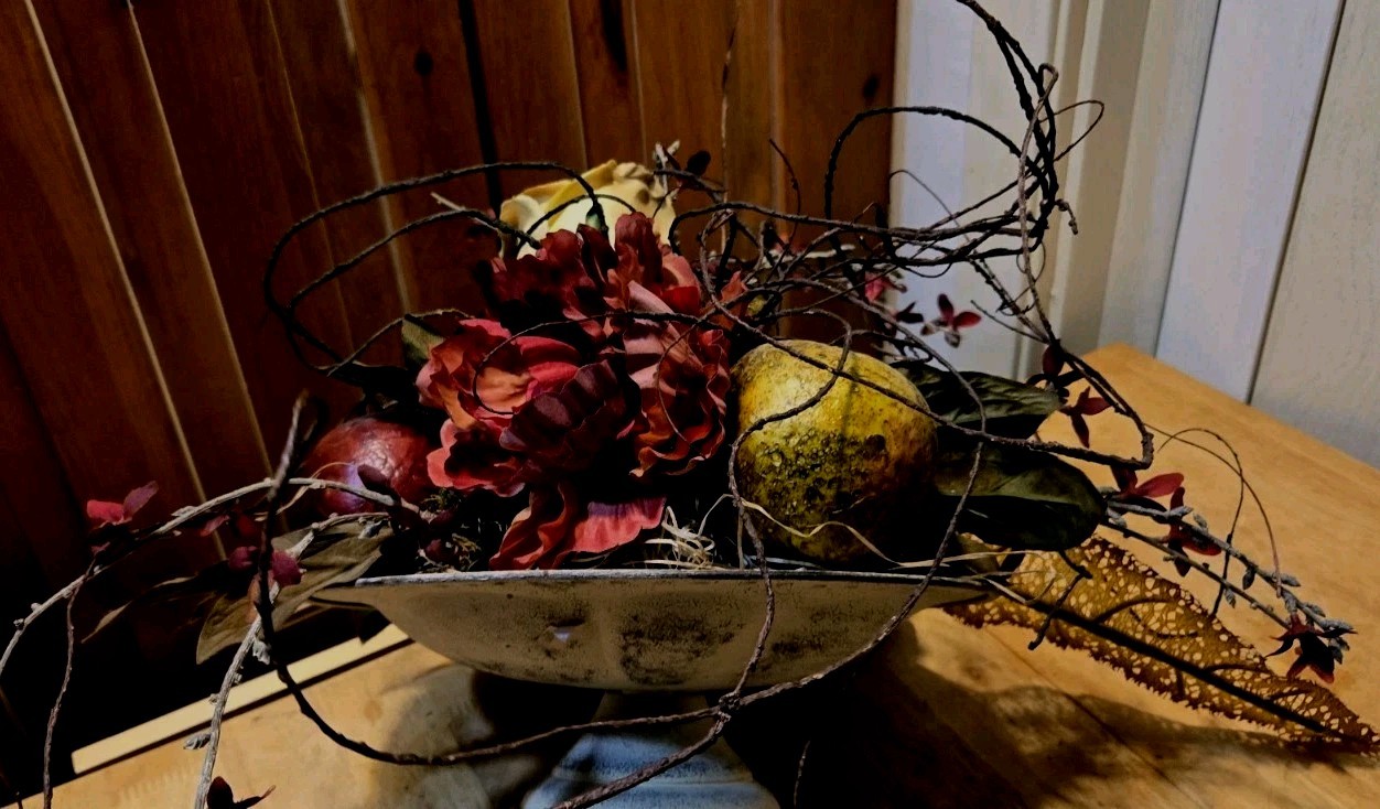 Arrangement of Dried Fruits & Flowers Centerpiece Metal Compote 14WX14WX13″Tall
