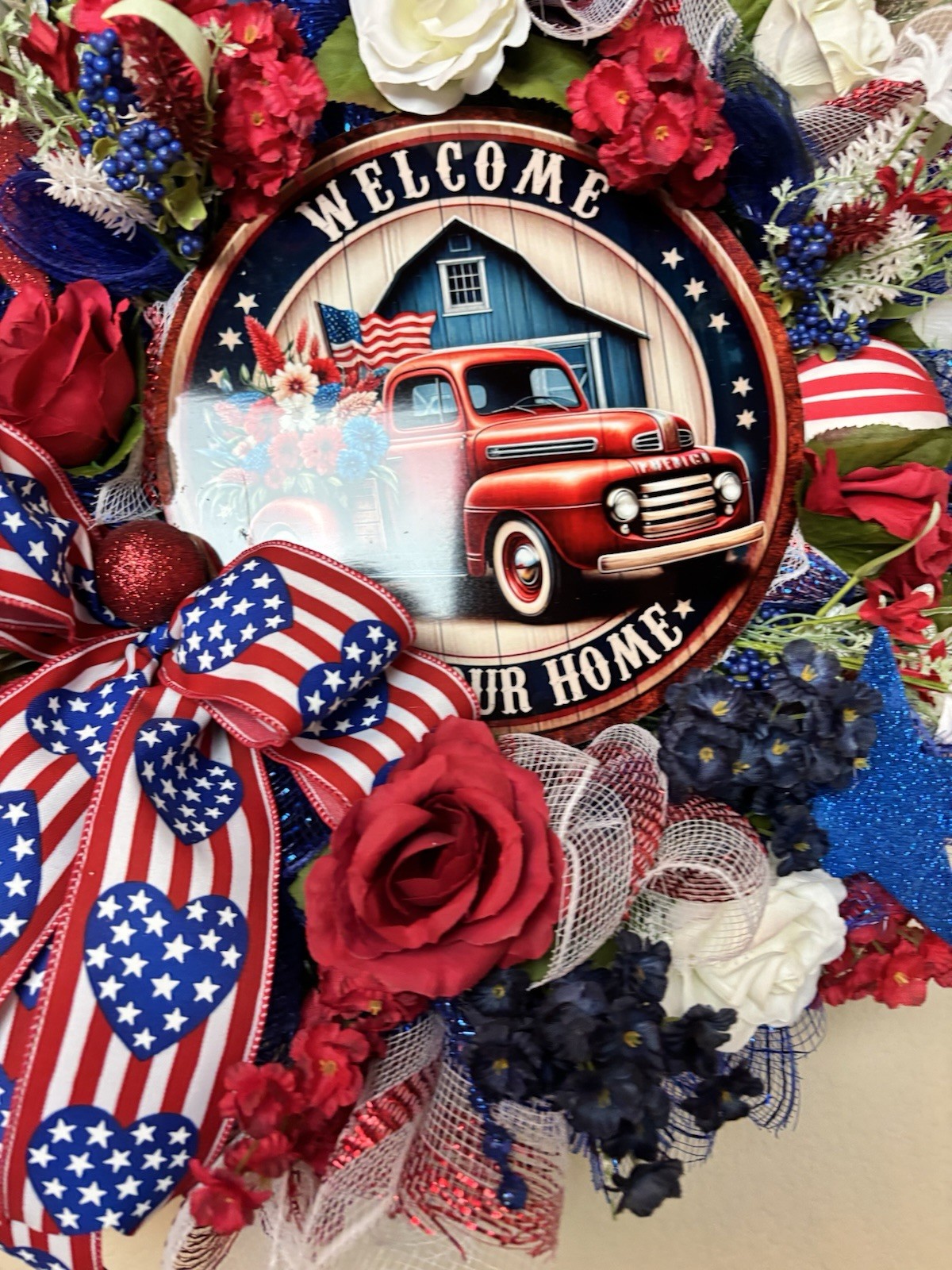 Patriotic Wreath 4th Of July Door Decor Red White Blue Truck Welcome To Our Home