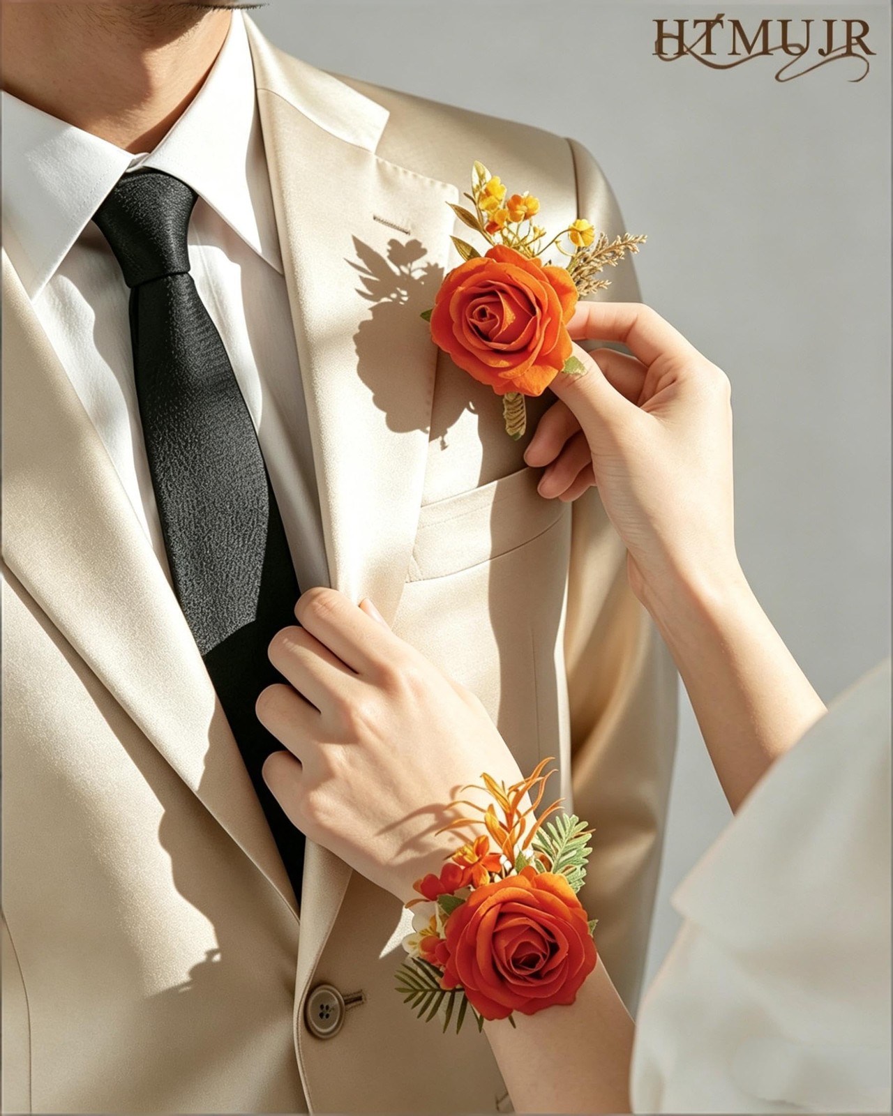 2 PCS Orange Rose Corsage Wristlet And Men Boutonniere Wedding Prom