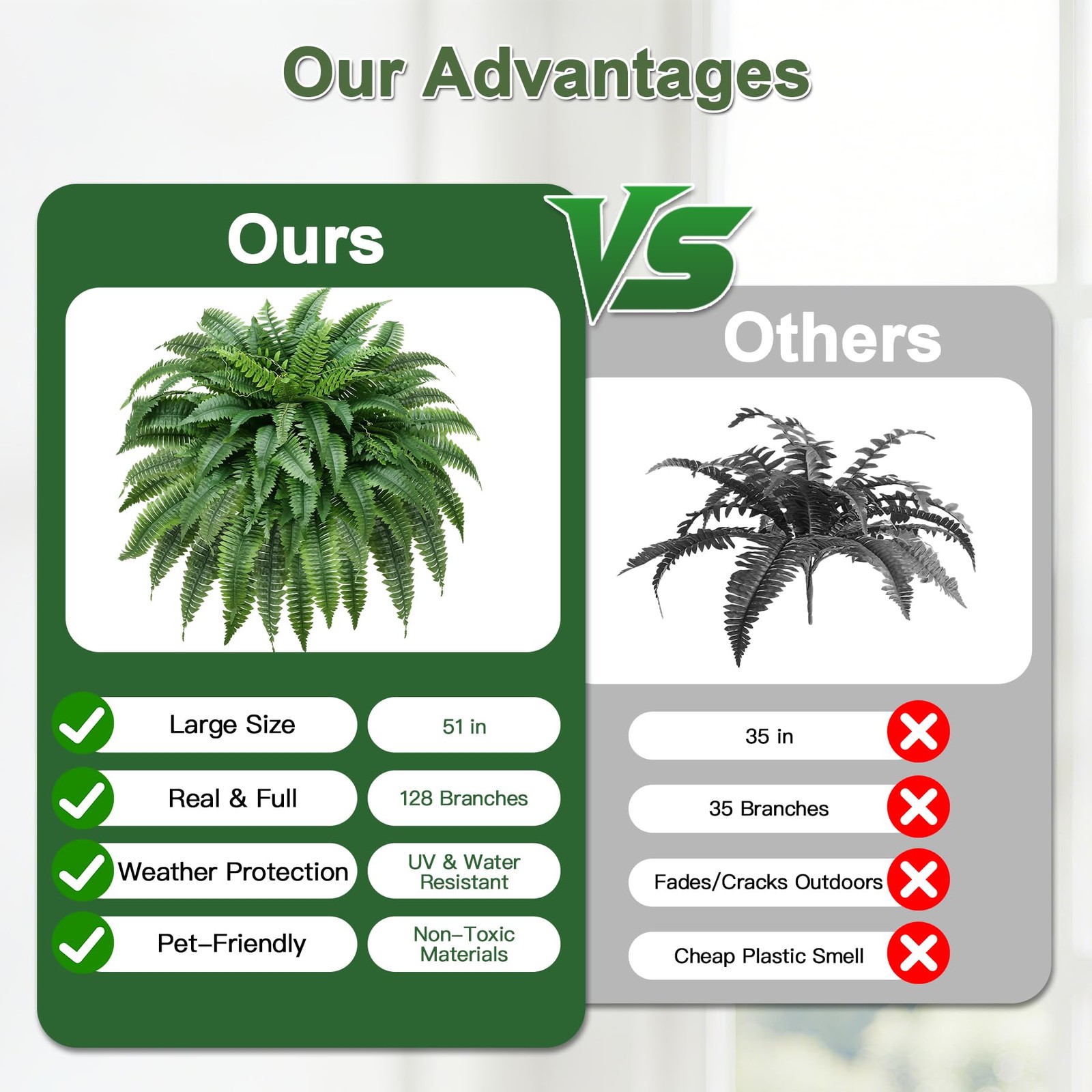 Set of 2 UV-Resistant Fake Boston Fern Bush with 128 Branches, 51″ Large Faux…