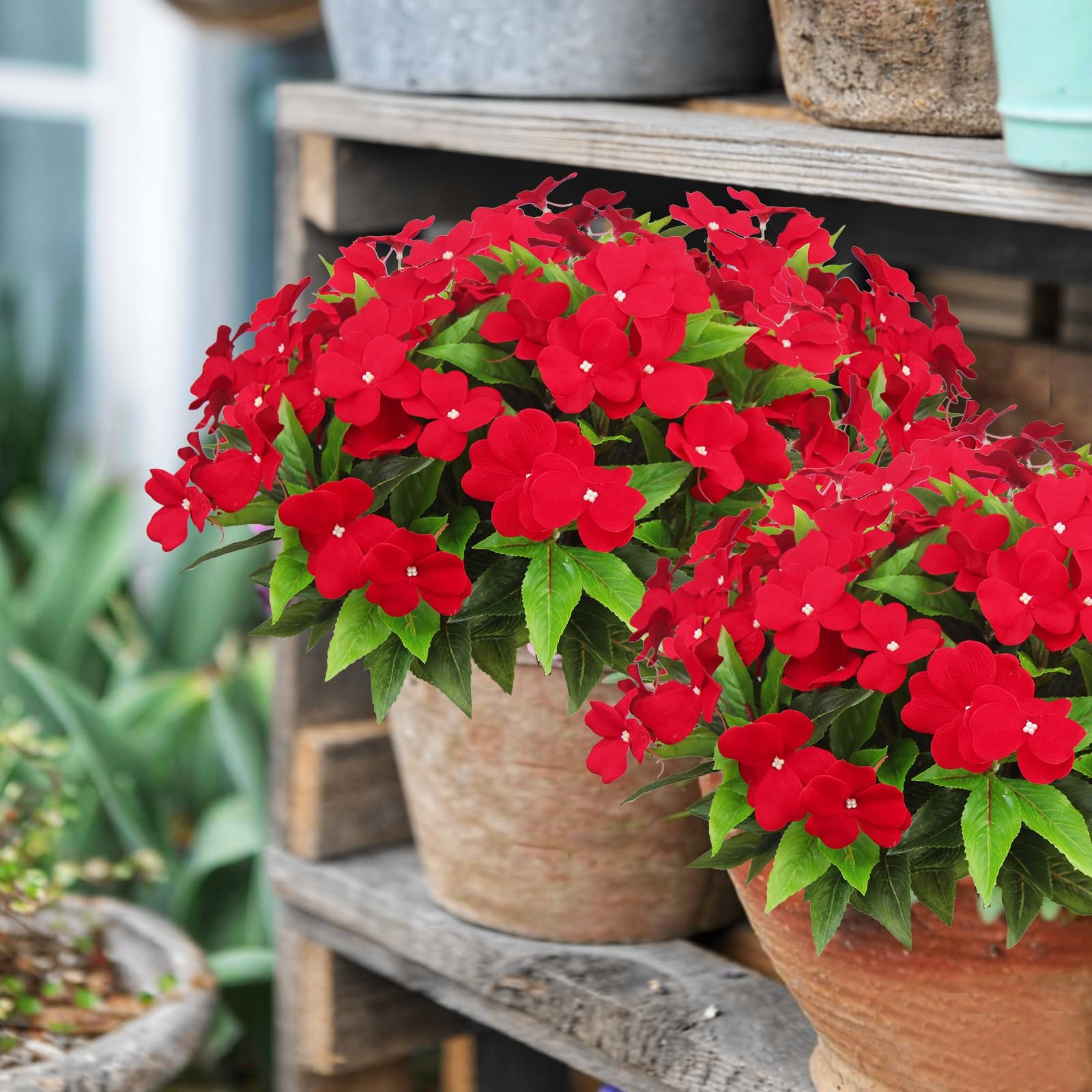 Artificial Outdoor Impatiens Flowers UV Resistant Faux Red Bushes 4PCS