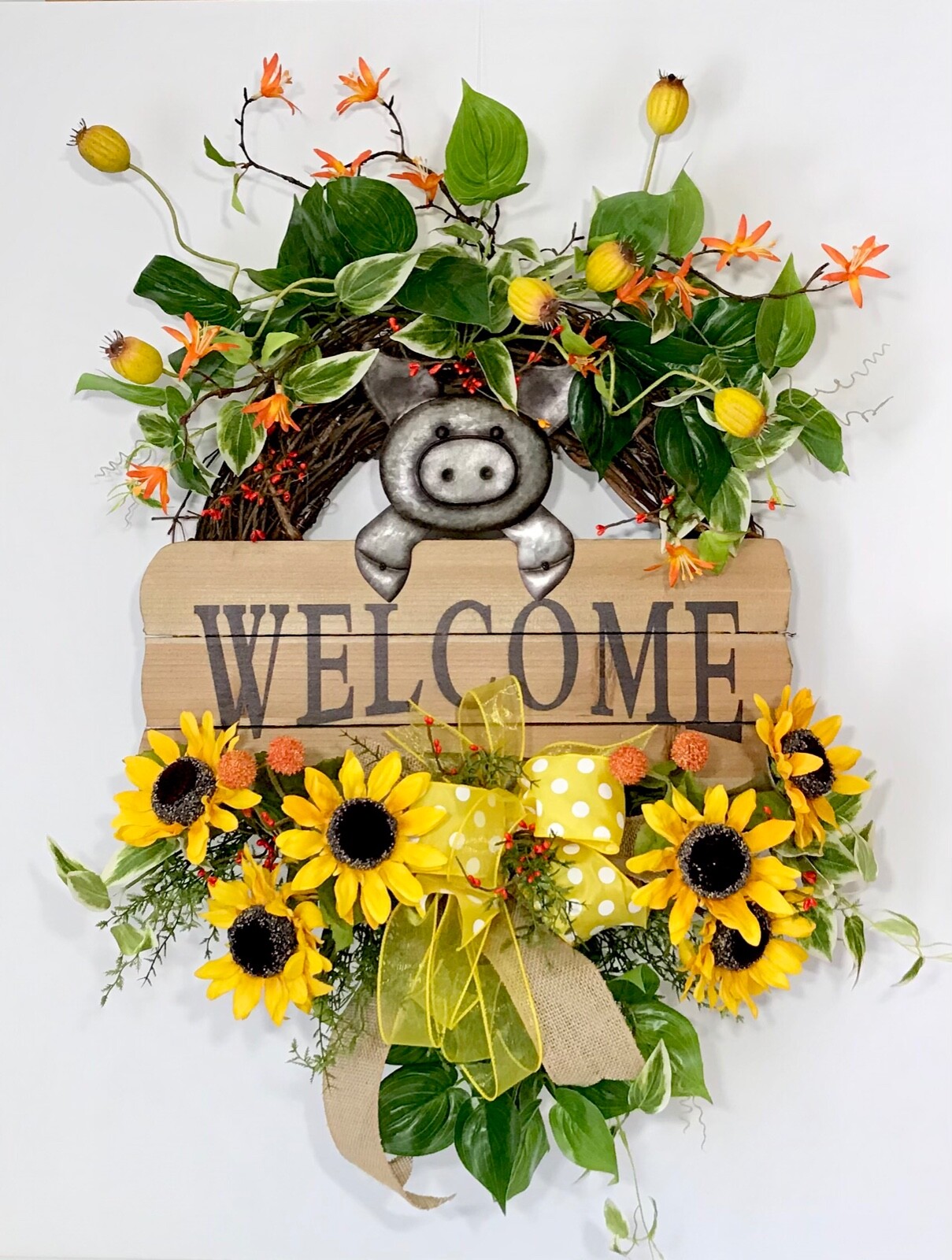 BRIGHT SUNFLOWER GRAPEVINE SUMMER WREATH METAL PIG WOOD WELCOME SIGN DECOR NEW