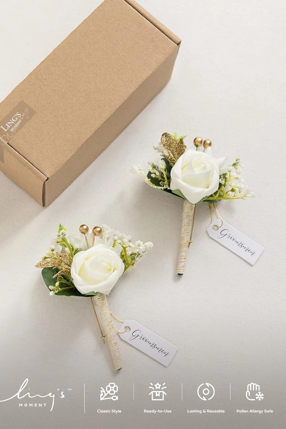 2pcs White Baby Breath Boutonniere Set – Perfect for Weddings, Proms, & More