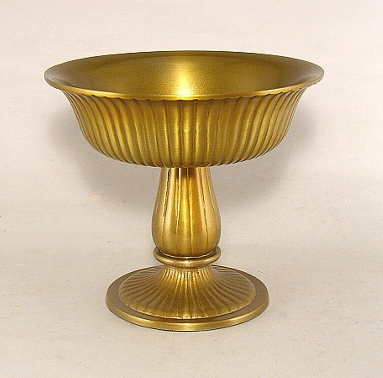 Compote Bowl Vase Gold Finish Cast Aluminum Fluted Revere Pedestal S/2 8″D 6.5″H