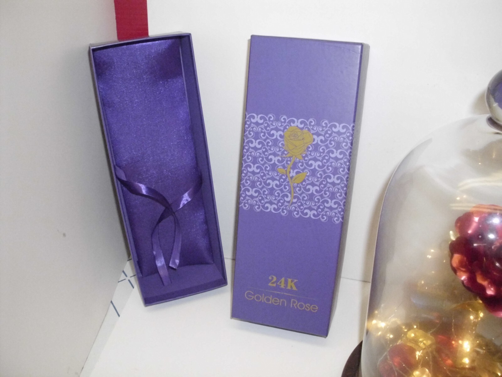 24K Golden Rose Gold Dipped Rose Box,Bag,Lights Heavy Crystal Dome Oak Base