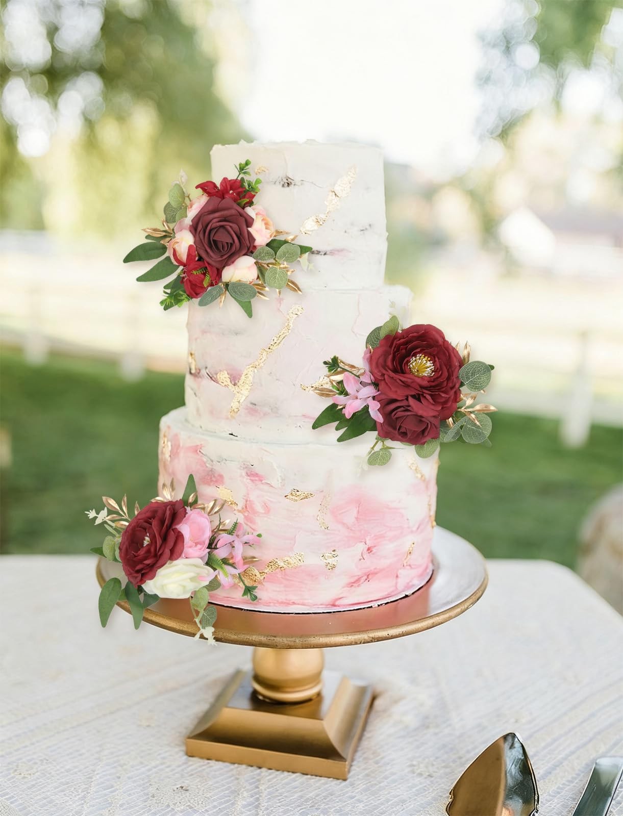 3PCS Wedding Cake Toppers Burgundy Flowers Artificial Cake Flowers for Weddin…