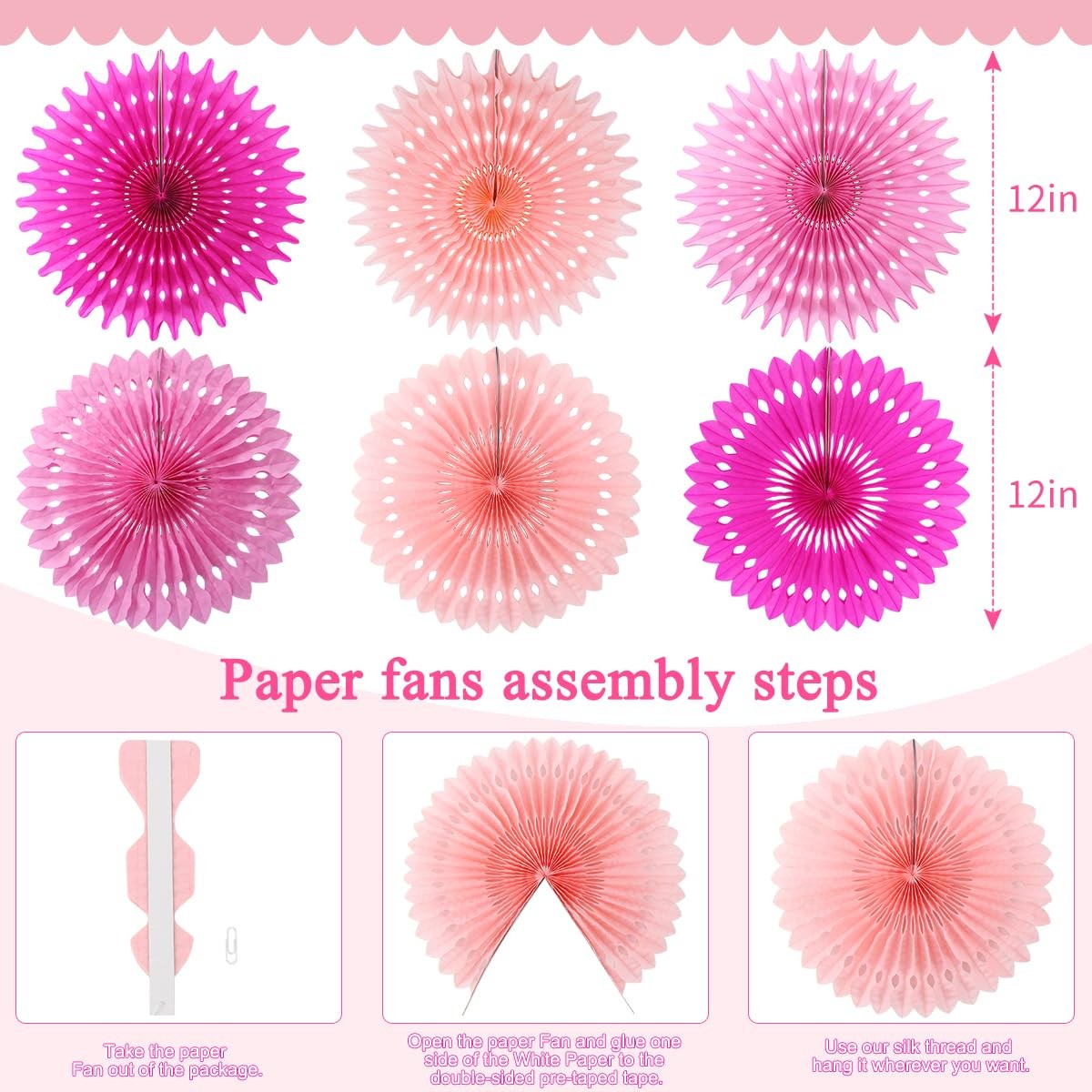 Pink Paper Fans Flowers Wall Decor Classroom Floral Backdrop Party 11 PCS