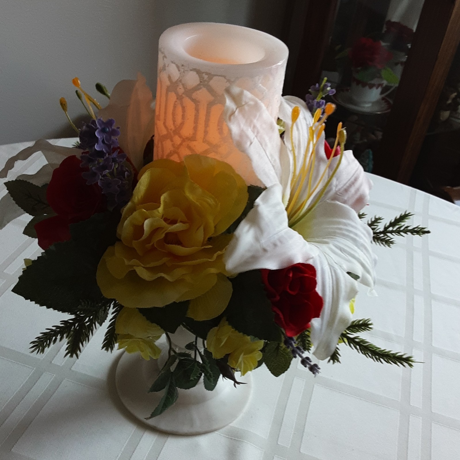 Artificial Floral Centerpiece w/ Lily & Rose, Candle Holder