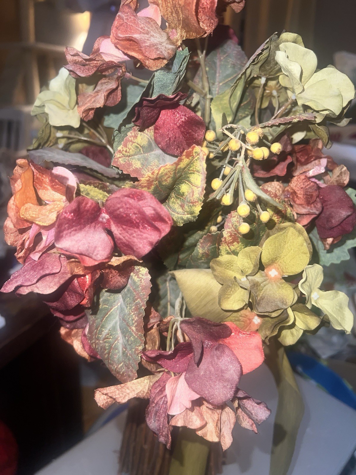 Artificial Hydrangea Bouquet w/Stick Style Vase, Mix Of Cream, Burgundy, & Green