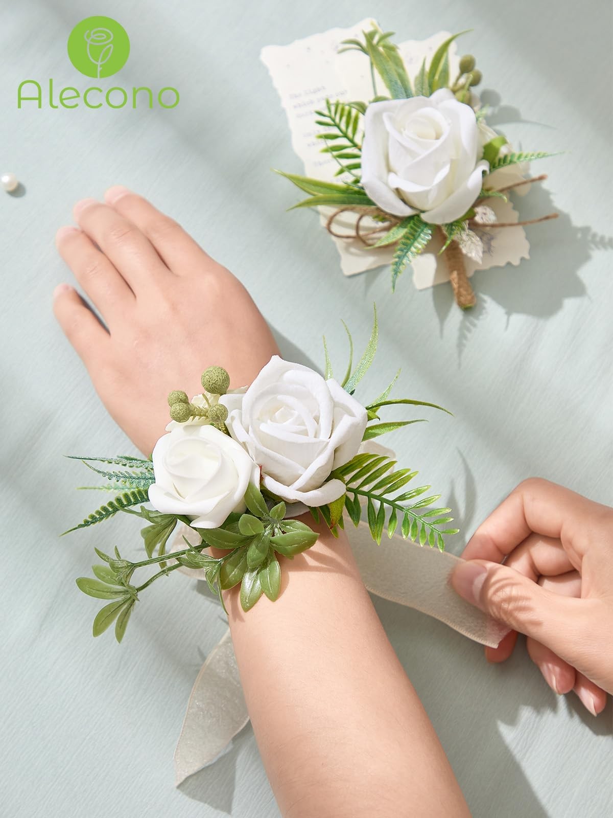 White Rose Bride Wrist Corsage And Groom Boutonniere Set Wedding Prom Decor