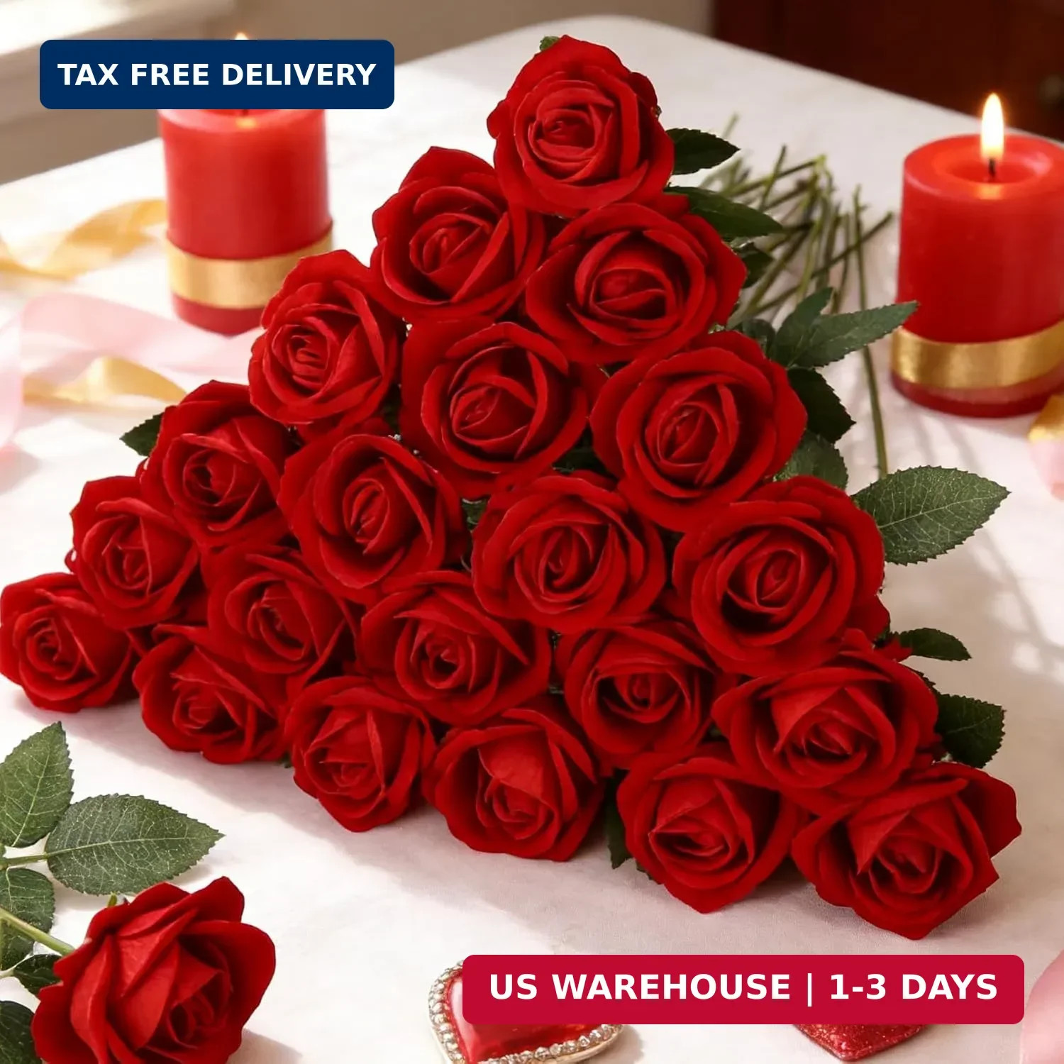 Ouddy Decor 50 Pcs Fake Red Roses Artificial Flowers Bulk Real Touch Velvet Silk