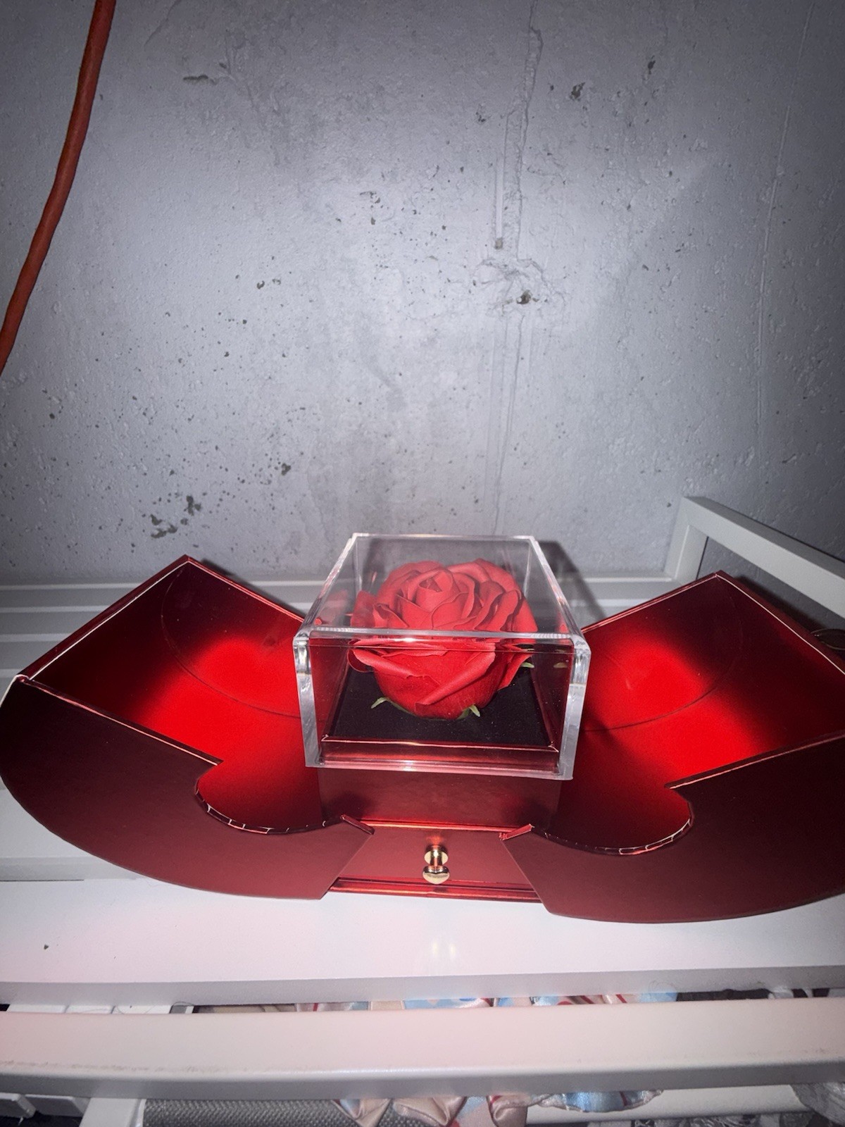Heart-Shaped Red Floral Flower Box Display with Rose in Clear Cube