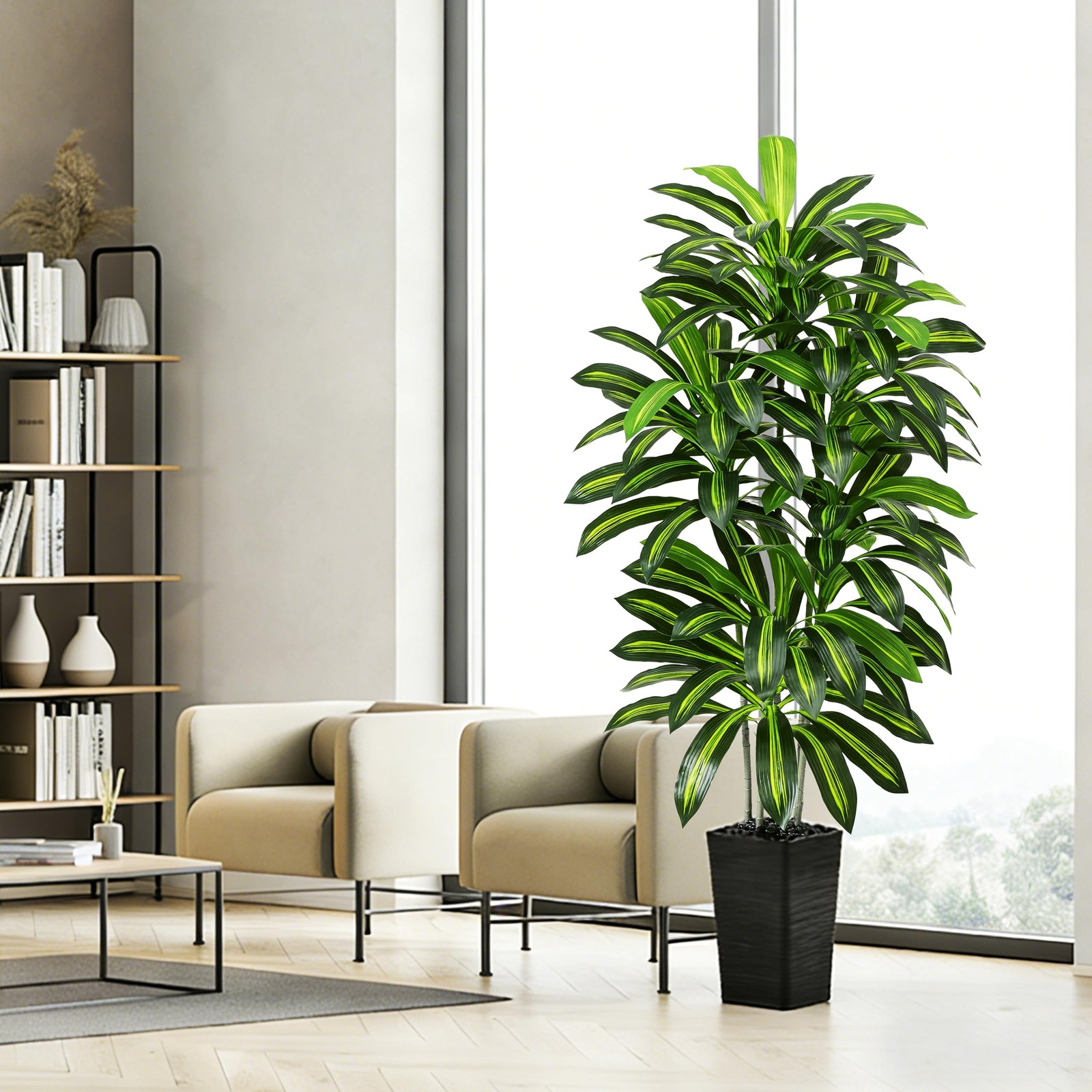 Artificial Dracaena Tree – 6FT Tall Fake Plants with Black Square Planter – A…