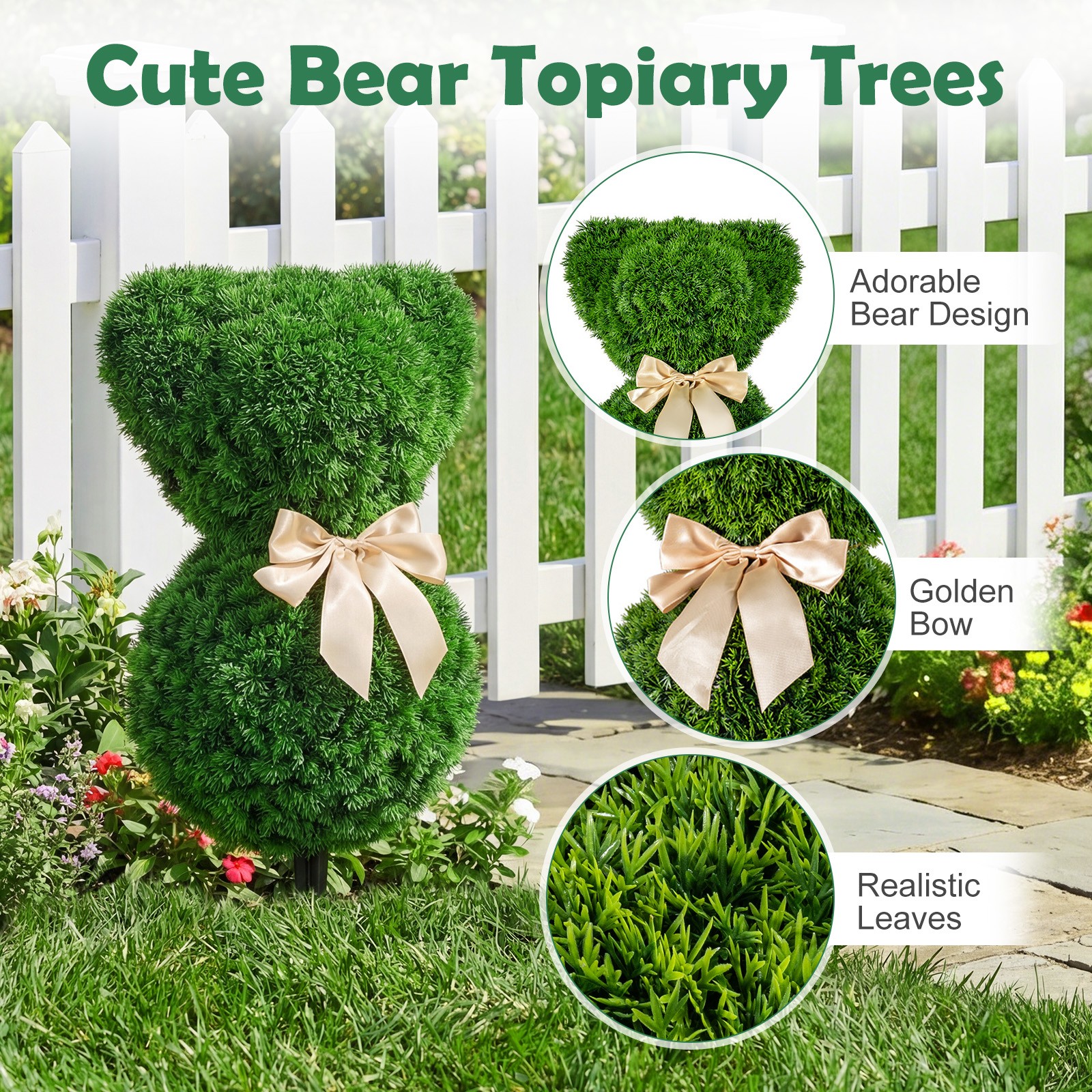 2 Pcs Teddy Bear Topiary Trees, Sun-resistant Faux Boxwood Plants w/ Bowknot