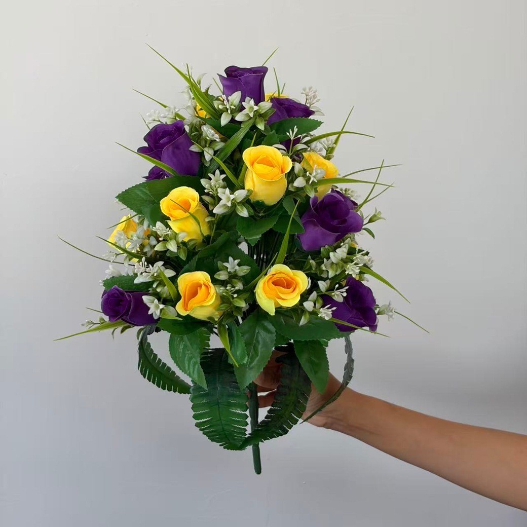2 Pack Silk Bouquets Purple Yellow Green 43cm for Memorial Home Decor