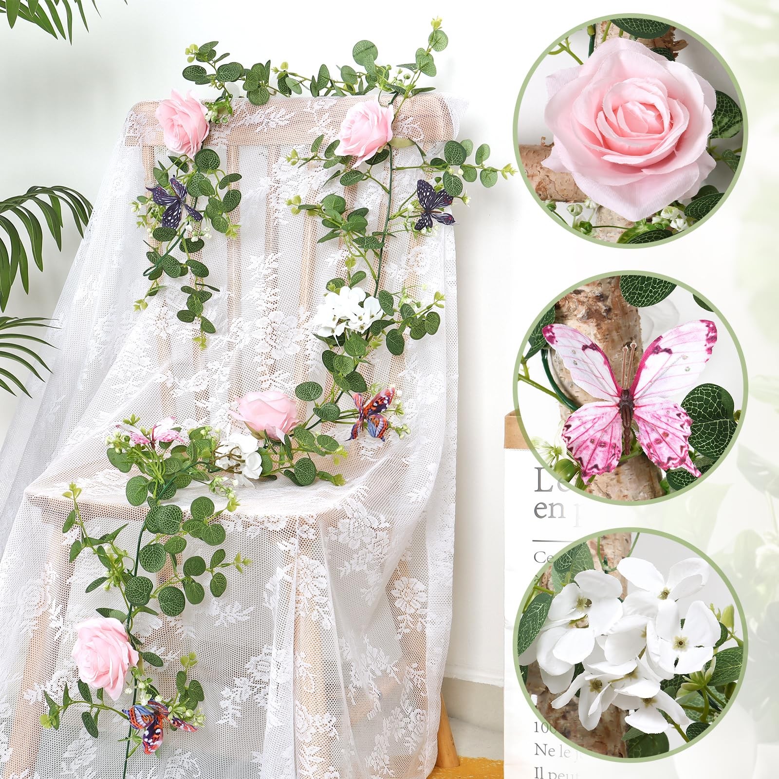 2 Pack 5.9 Ft Artificial Fake Flower Garland Pink Rose Hydrangea Vines with 3…