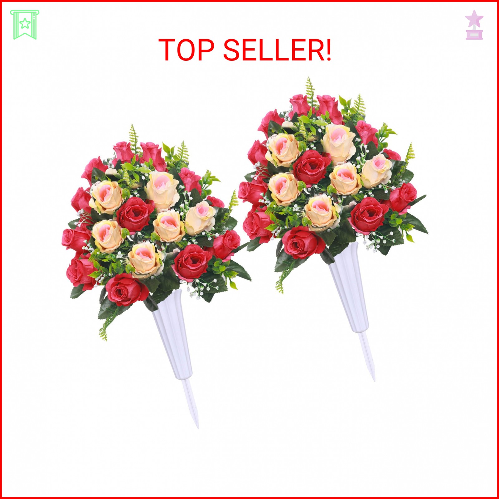 Lodou Artificial Cemetery Flowers,Set of 2 Grave Decorations Roses, Tombstone Me