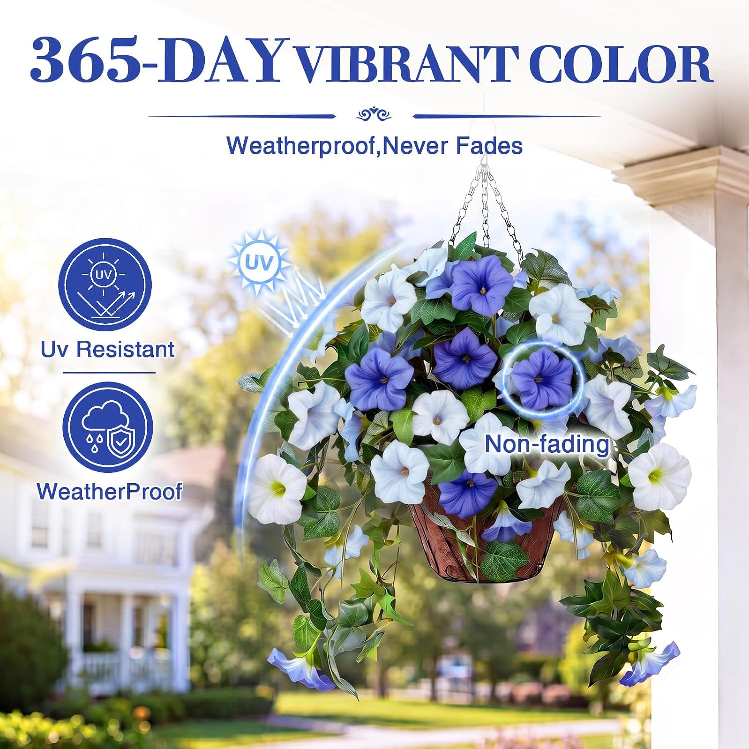 UV Resistant Faux Petunias – 2Pcs Blue & White Hanging Outdoor Flowers