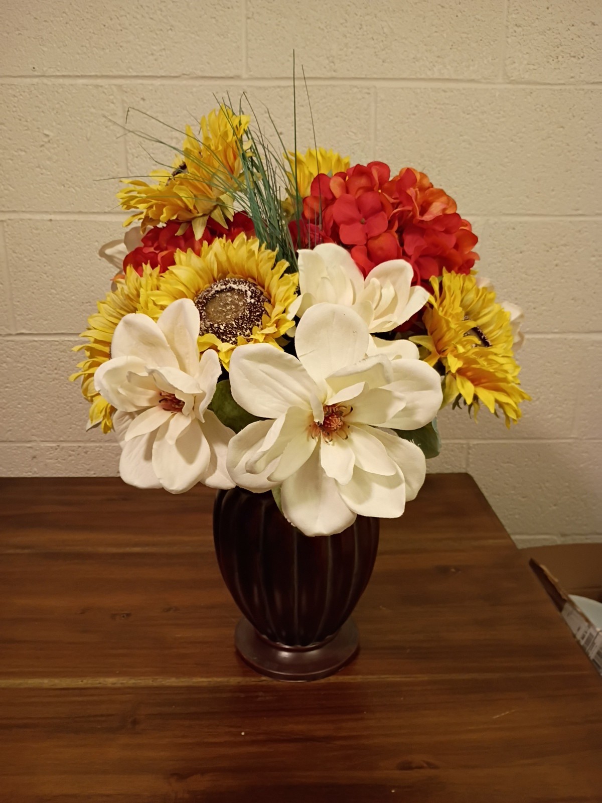 Bouquet of Large Silk Flowers In Bronze Vase