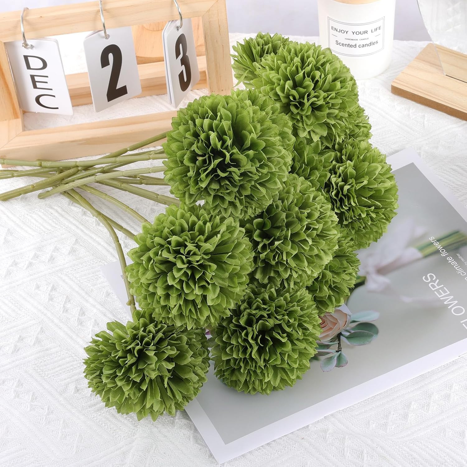 12 Pcs Artificial Chrysanthemums Flowers Green Flowers Silk Fake Mums Flowers fo