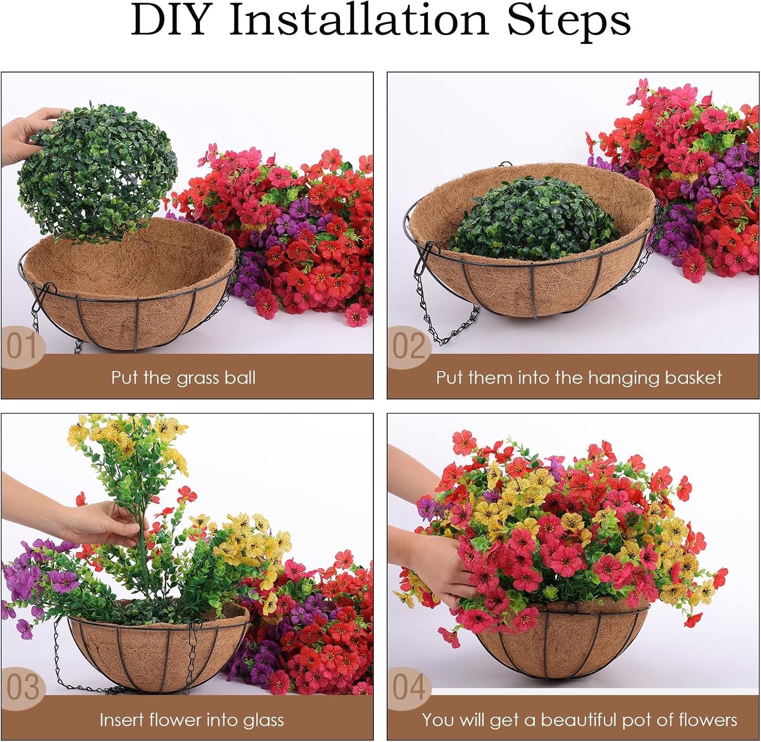 2 Hanging Planters with 24 Flowers, Red/Purple/Yellow