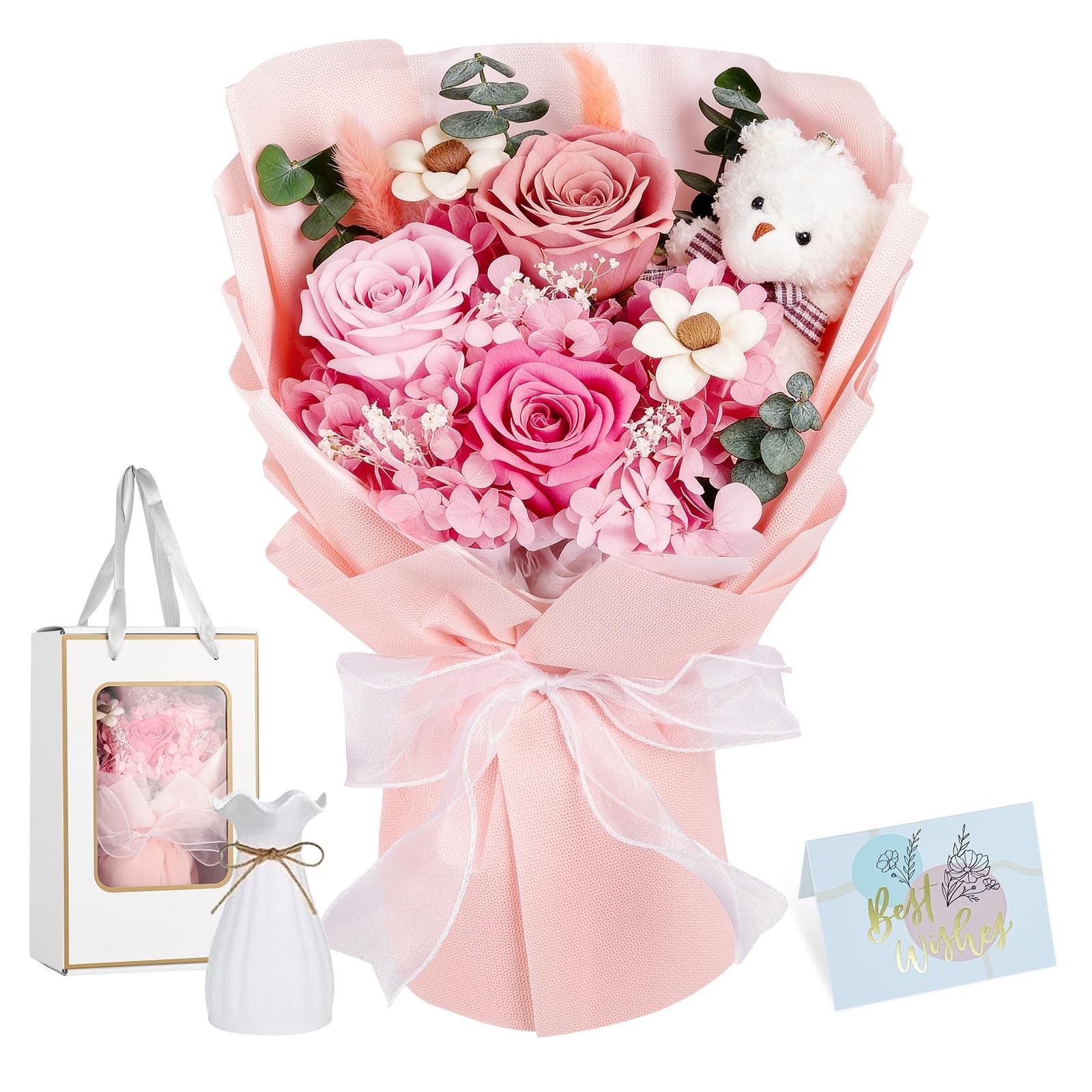 Preserved Flowers Bouquet Bear Forever Eternal Roses Gift Box Birthday Women