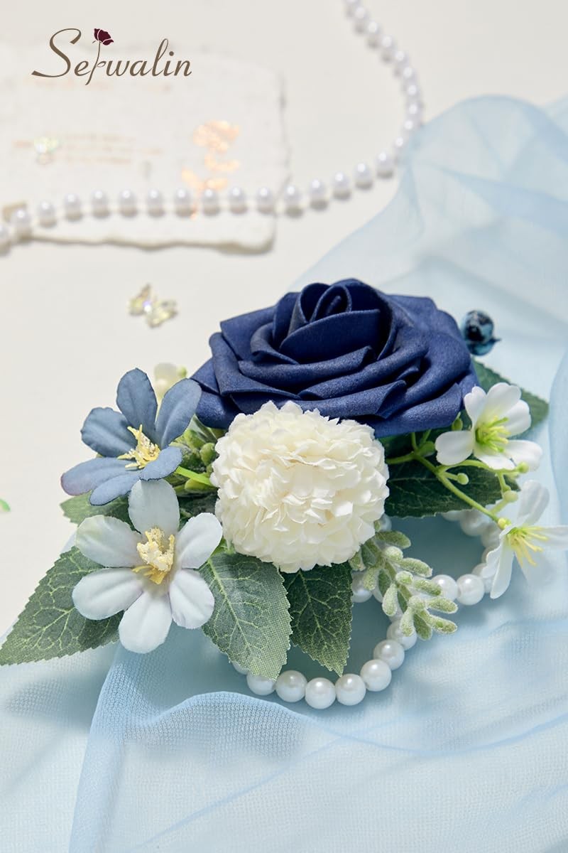 6-7 Inch Navy Blue Wrist Corsage Wedding Bridesmaid Artificial Flowers 2 PCS