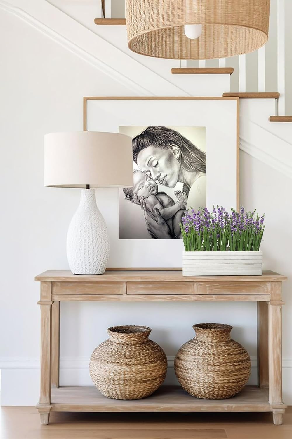 14″ Lavender Flower Arrangement in Rustic Wood Planter for Home Decor