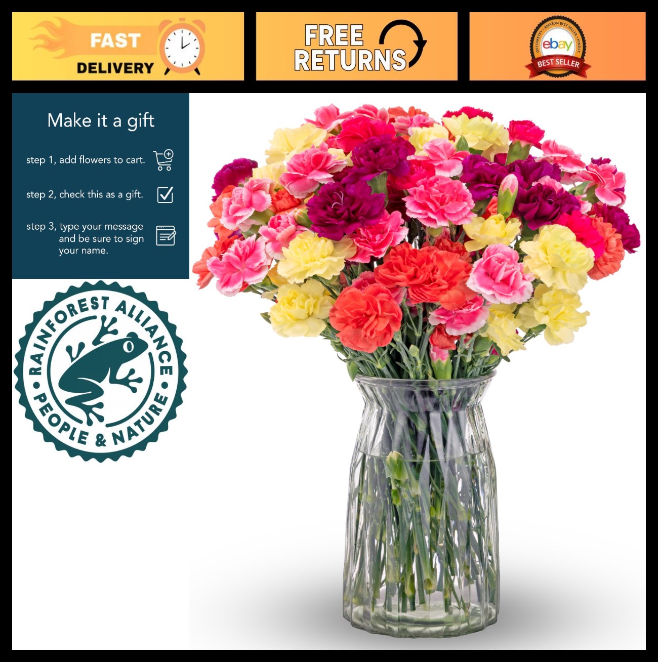Mini Carnation Bouquet – Fresh Pink Yellow Purple Flowers – Floral Arrangement f