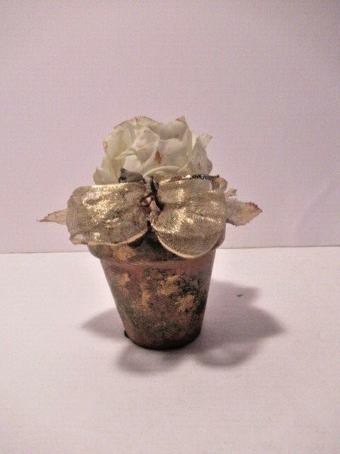 Vintage Paper Rose in Terracotta 3″ pot w/ Gild & Moss finish-Gold Bow- Romantic