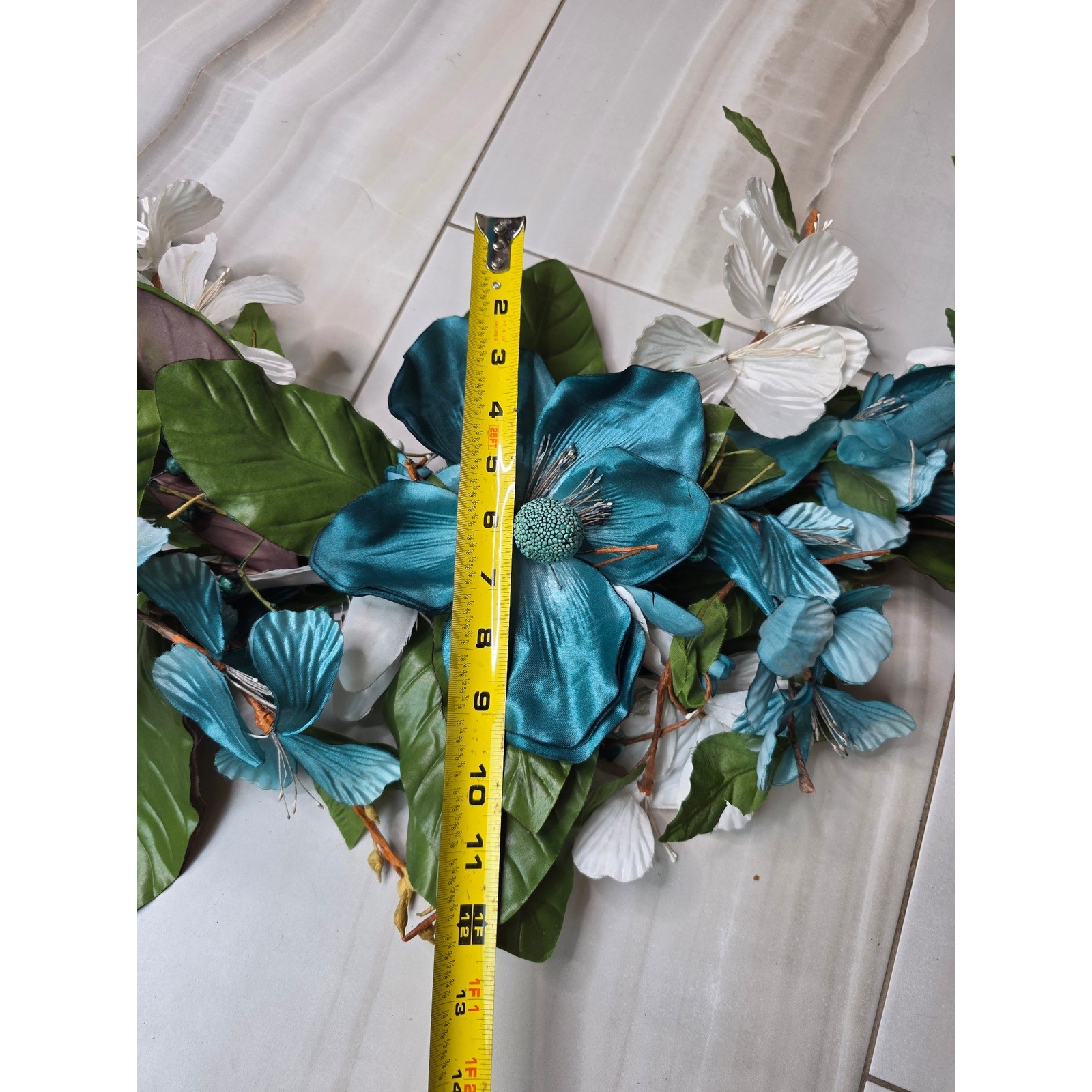 Large Teal & White Floral Wall Decor Metal Flower Wall Art 37″ Wide