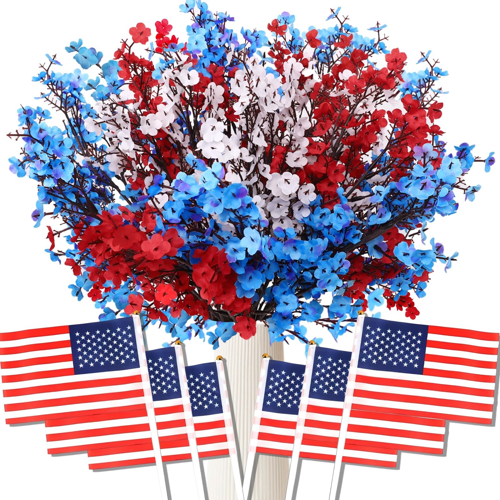 10 Pcs 4th of July Artificial Babys Breath Flowers, 6 Pcs Small Flags, Red Wh…