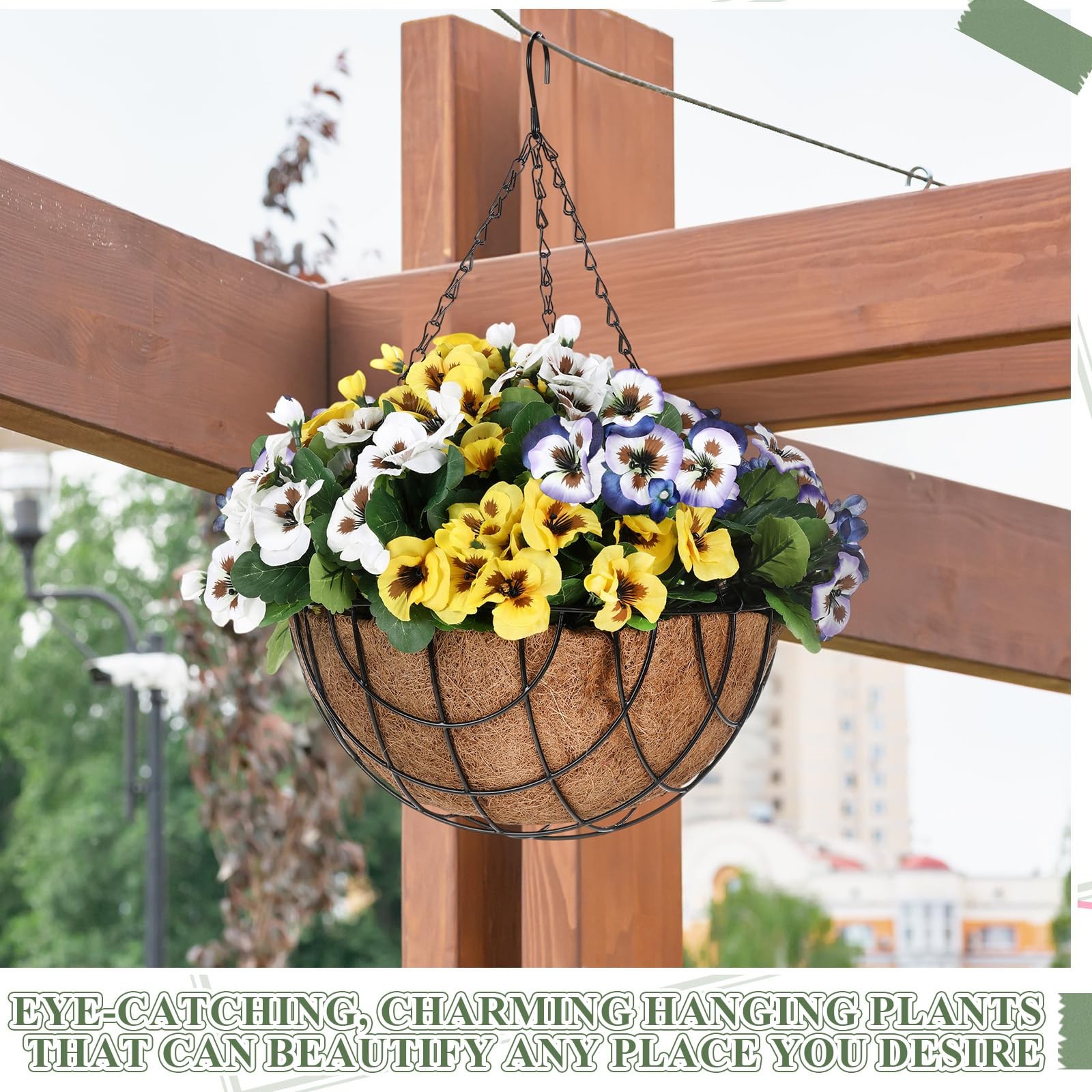 2 Set Artificial Hanging Pansy Flowers with Baskets UV Resistant Faux Silk Pa…