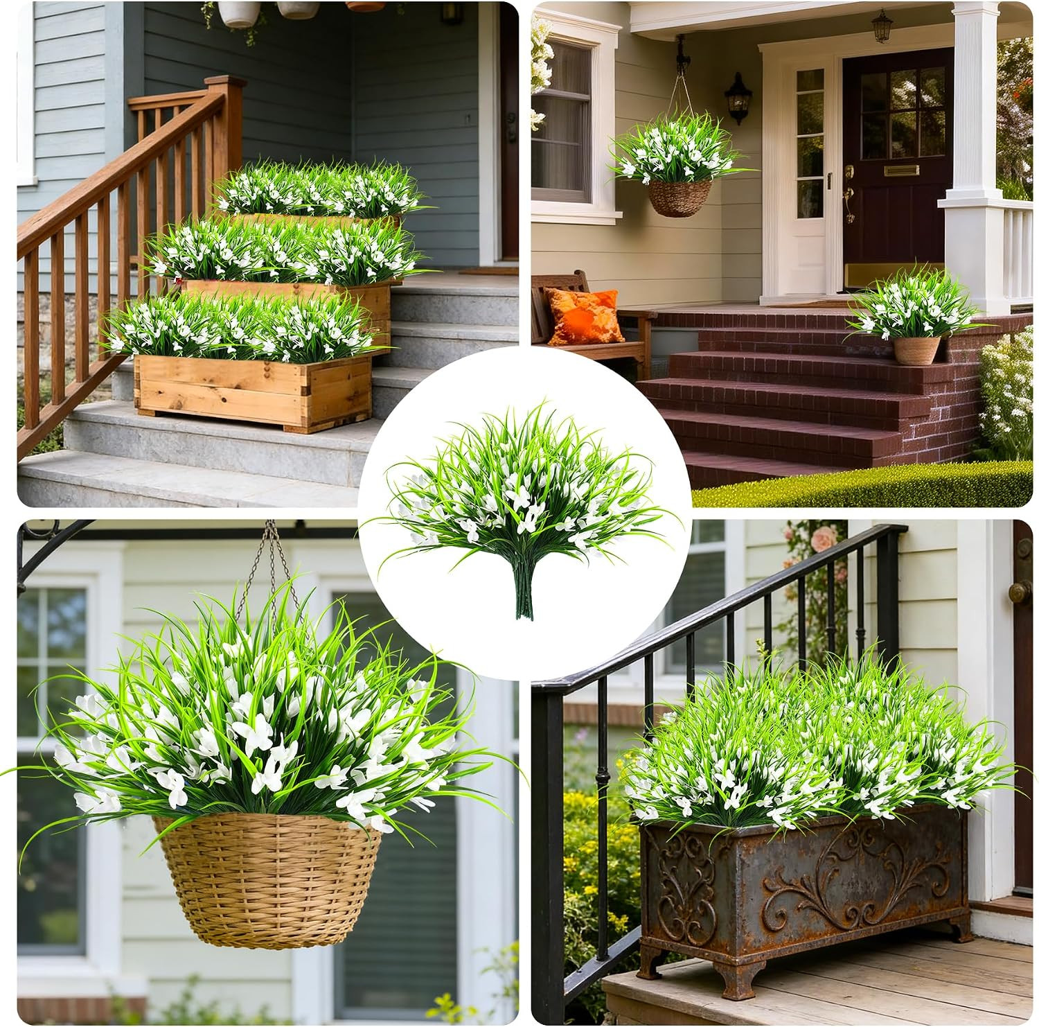 16 Bundles UV Resistant Fake Monkey Grass Flowers for Outdoor Planters, White