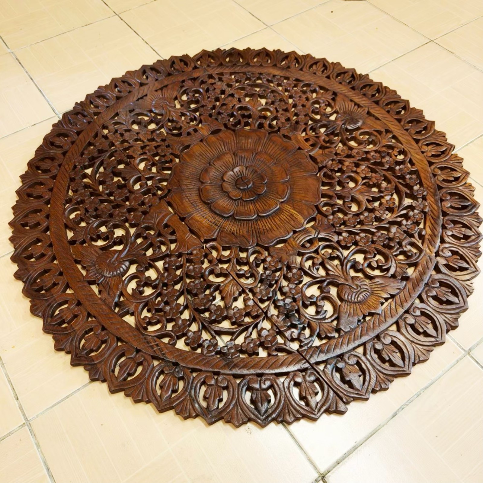 Round Floral Mandala Wood Carving Panel 90 cm, 3-Piece Set